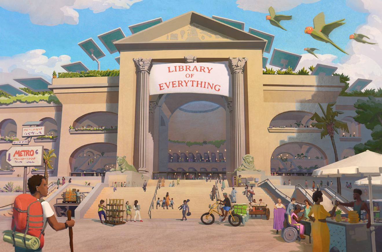 The front of a Grand building, with a sign saying Library of Everything. We see many people walking in and out, some with tools and objects, or taking cargo by bike or cart.