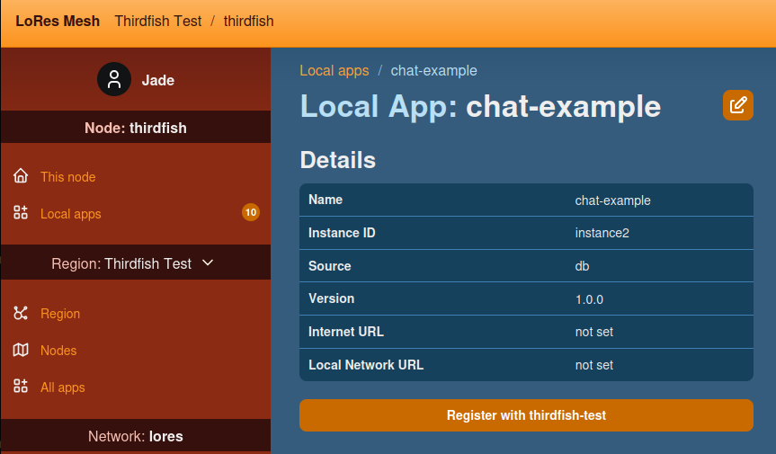 A screenshot showing the detail page for the chat-example app. It contains some details about the app, and a primary action button saying: register with thirdfish-test.