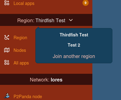 A screenshot from a web application the navigation sidebar. The region heading has a region name active, Third-fish Test, and shows a drop down dialog with another region, test 2, and an option to join another region.
