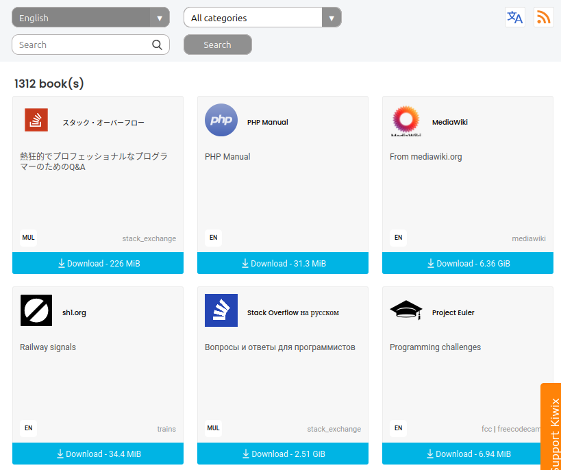 A screenshot from the official kiwix library showing search filters, 1312 books present, and a grid of the top six books