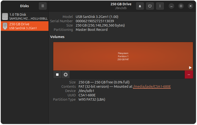 A screenshot of a program showing disks on the left, with the selected disk being entitled 250 GB Drive. The main part of the windows shows a set of volumes, which is just a single selected area saying - Filesystem Partition 1 250 GB FAT