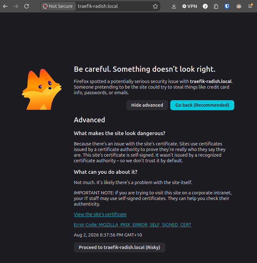 A screenshot of Firefox, the same as the previous image with the advanced section displaying. It says: What makes the site look dangerous? Because there’s an issue with the site’s certificate. Sites use certificates issued by a certificate authority to prove they’re really who they say they are. This site’s certificate is self-signed. It wasn’t issued by a recognized certificate authority – so we don’t trust it by default. What can you do about it? Not much. It’s likely there’s a problem with the site itself. IMPORTANT NOTE: If you are trying to visit this site on a corporate intranet, your IT staff may use self-signed certificates. They can help you check their authenticity.