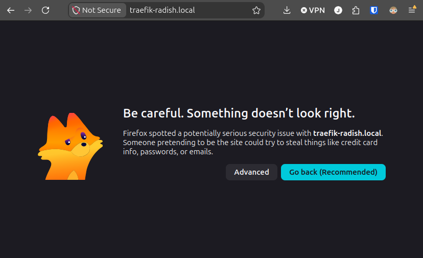 A screenshot of Firefox, at the address traefik-radish.local, with a warning which says: Be careful. Something doesn't look right. Firefox spotted a potentially serious security issue with traefik-radish.local. Someone pretending to be the site could try to steal things like credit card info, passwords, or emails.