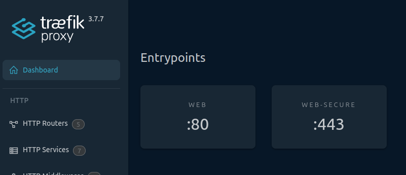A screenshot of the web dashboard for Traefik proxy, showing entry-points on port 80 and 443.