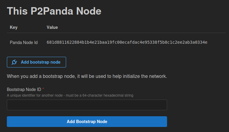 A screenshot with the heading: This P2Panda Node. Also, a button titled Add bootstrap node has been used to open a form taking a Bootstrap Node ID.