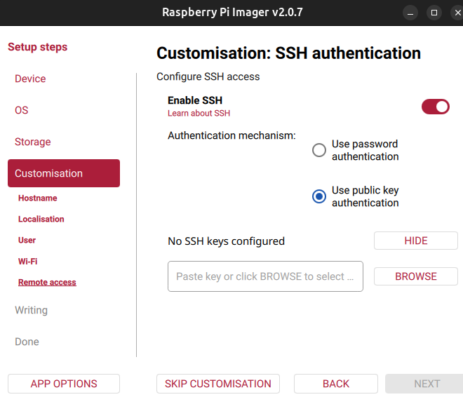 A picture of the Raspberry Pi Imager program, on the SSH authentication step.